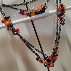 Vintage Red Necklace Boho Gunmetal Gray Red Burgundy Beaded Crystal Cut Rondelle